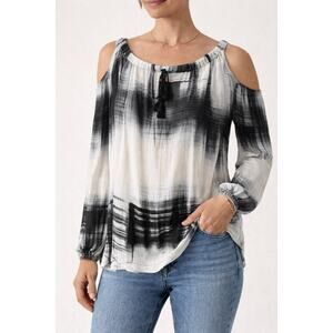 Go Silk Cold Shoulder Silk Blouse Long Sleeve Black White Abstract Print Size M